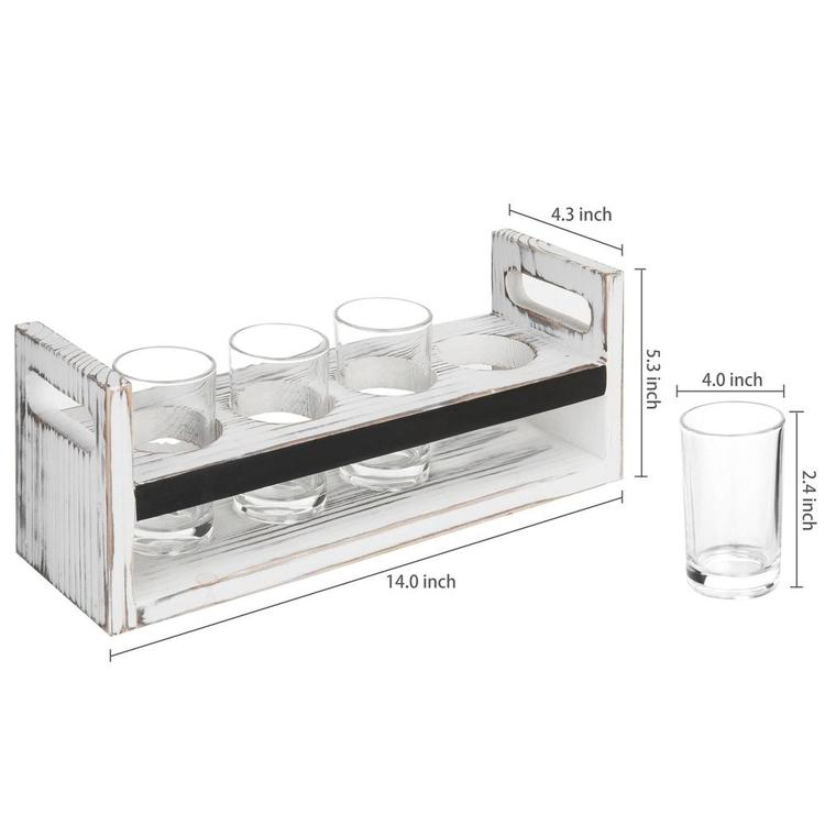 Rustic Antique White Wood 5 pc Craft Beer Flight Tasting Serving Set with 4 Glasses & Chalkboard Panel - MyGift Enterprise LLC
