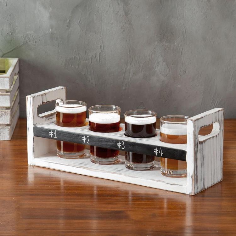 Rustic Antique White Wood 5 pc Craft Beer Flight Tasting Serving Set with 4 Glasses & Chalkboard Panel - MyGift Enterprise LLC