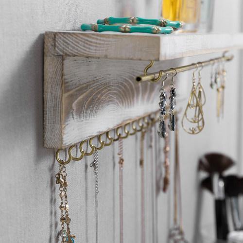 Whitewashed Wood & Brass Metal Wall Mounted Jewelry Display Rack - MyGift