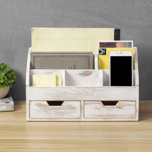 Whitewashed Wood Desktop Organizer with 2 Drawers – MyGift