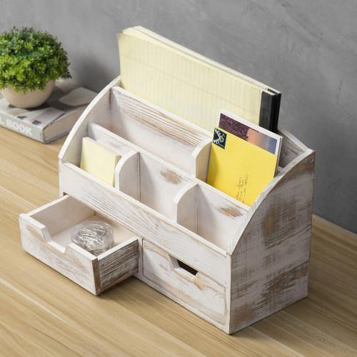 Whitewashed Wood Desktop Organizer with 2 Drawers - MyGift