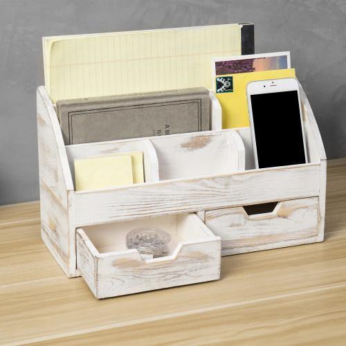 Whitewashed Wood Desktop Organizer with 2 Drawers - MyGift