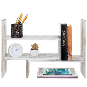 MyGift Expandable Wood Desktop Bookshelf - Adjustable Width Organizer Rack In Whitewashed Finish