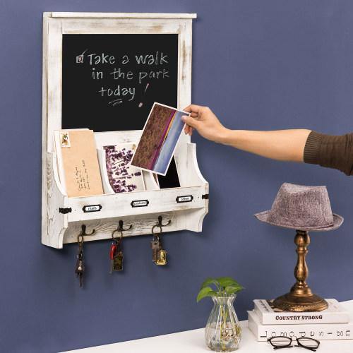 Whitewashed Wood Entryway Organizer with Chalkboard & Key Hooks - MyGift