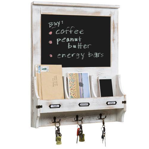 Whitewashed Wood Entryway Organizer with Chalkboard & Key Hooks - MyGift