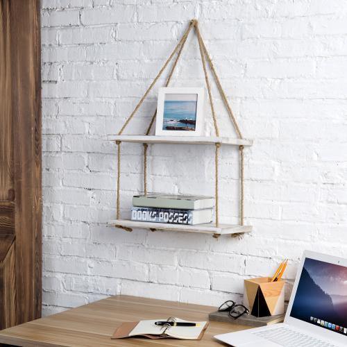 Whitewashed Wood Hanging Swing Rope Shelves - MyGift
