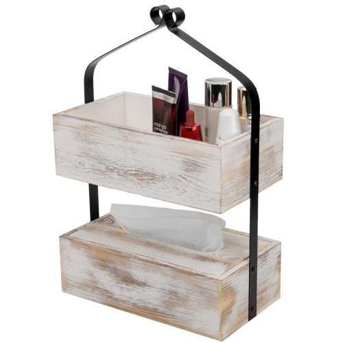 Whitewashed Wood & Matte Black Metal Counter-Top Shelf with Tissue Box - MyGift