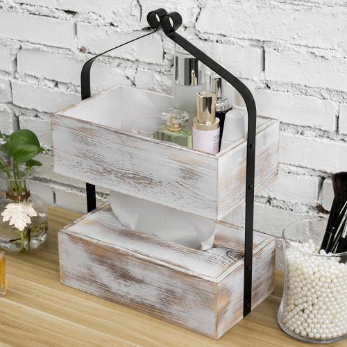Whitewashed Wood & Matte Black Metal Counter-Top Shelf with Tissue Box - MyGift