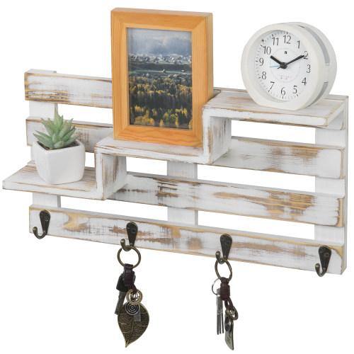Whitewashed Wood Stair Display Shelf with Key Hooks - MyGift
