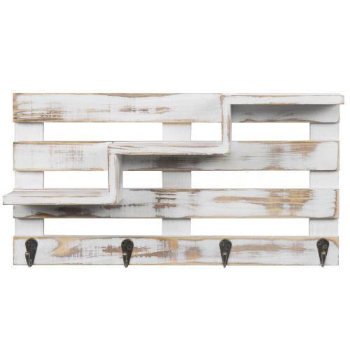 Whitewashed Wood Stair Display Shelf with Key Hooks - MyGift