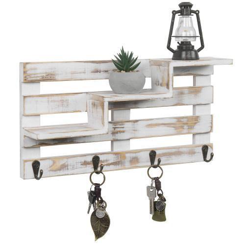 Whitewashed Wood Stair Display Shelf with Key Hooks - MyGift