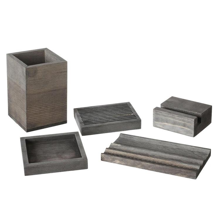 Wood 5-Pc Desk Set w/ Pen Tray, Pencil Cup, Memo Pad & Card Holders, Phone Stand - MyGift Enterprise LLC