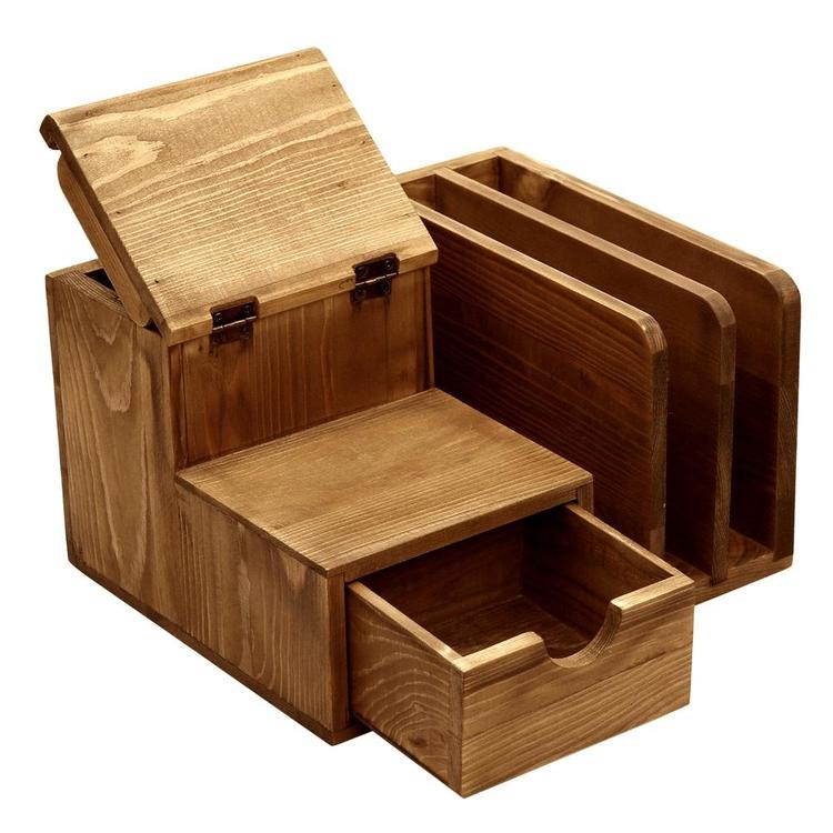 Rustic Wood Desk Accessory Storage Organizer / Mail Sorter / Post It Note Memo Pad Holder - MyGift Enterprise LLC