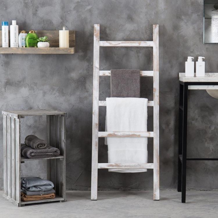 Wall-Leaning Vintage White Wood Ladder Blanket & Towel Rack - MyGift Enterprise LLC