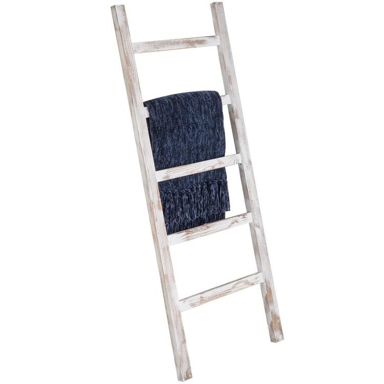 Wall-Leaning Vintage White Wood Ladder Blanket & Towel Rack - MyGift Enterprise LLC