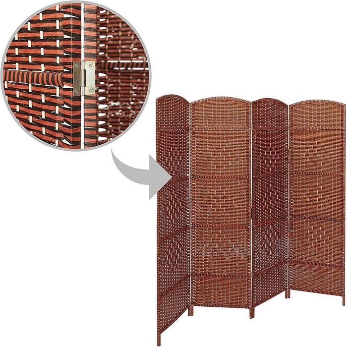 Woven Brown Rattan Wood Room Divider Screen, 4 Panel