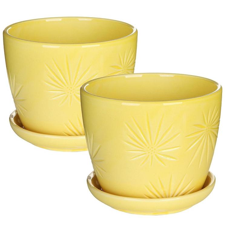 Yellow Sunburst Design Ceramic Flower Planter Pots with Saucers, Set of 2 - MyGift Enterprise LLC