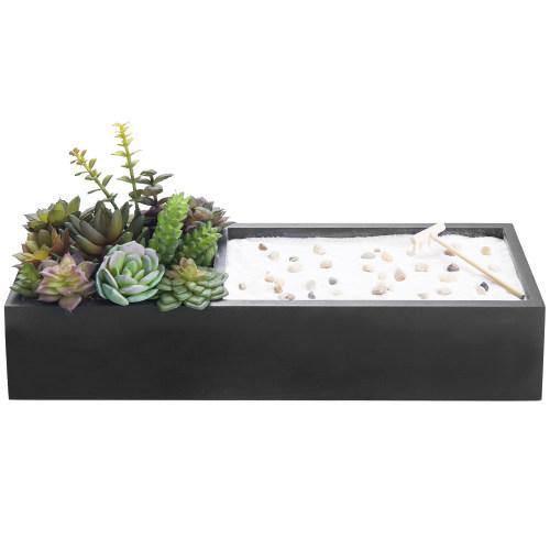 Zen Garden & Artificial Succulent Plants with Black Wood Storage Drawer - MyGift